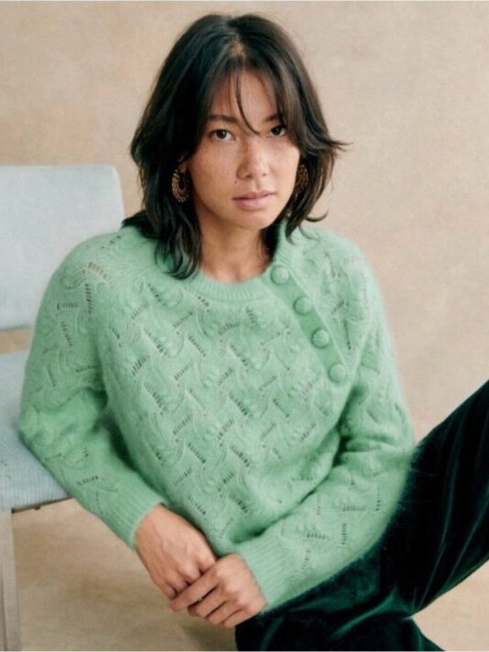 Sézane Women’s Sea Green Poppy Crewneck Button-Applique Sweater